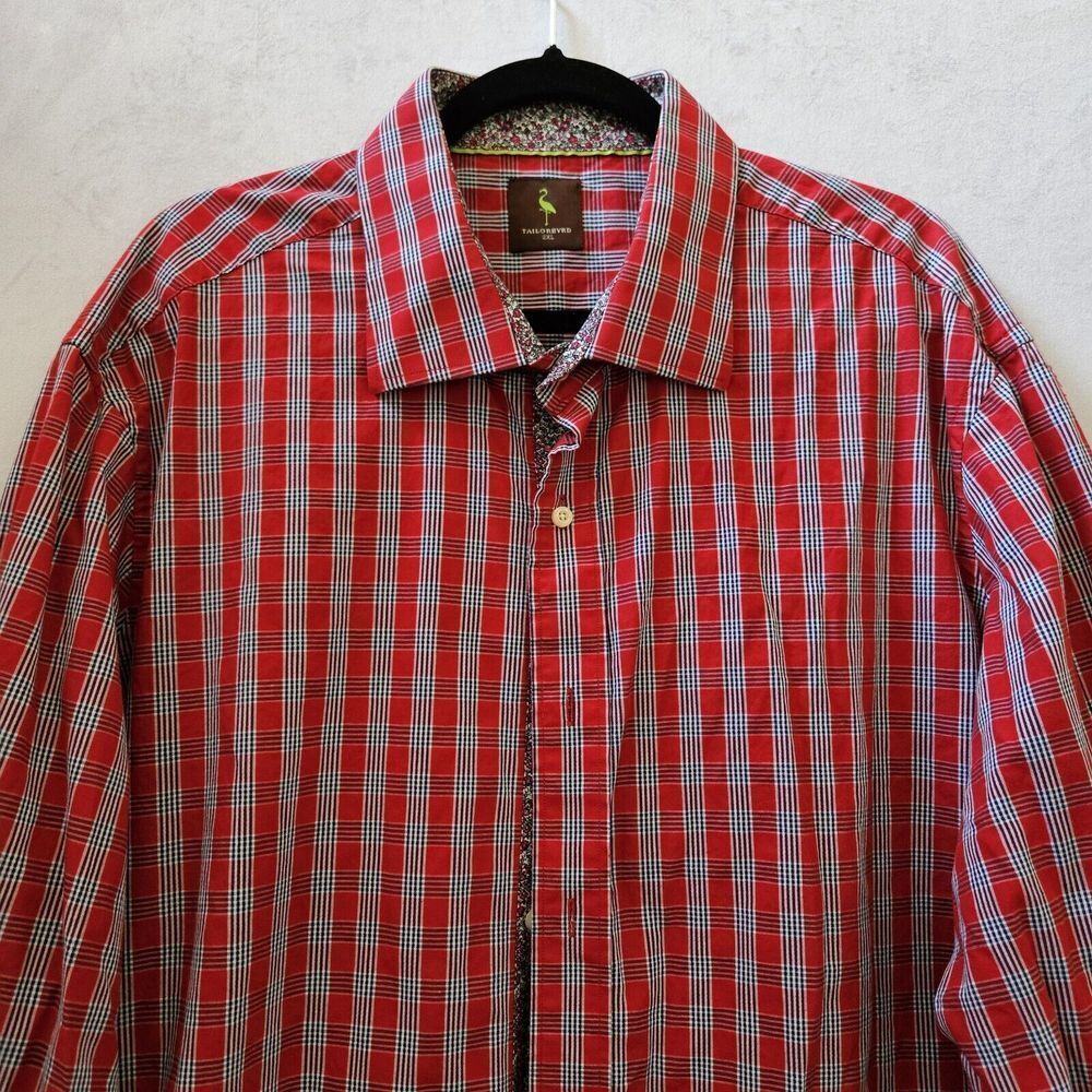 Tailorbyrd Mens 2XL Striped Dress Shirt Red Blue Plaid Flip Cuff Floral L/Sleeve - Picture 2 of 12